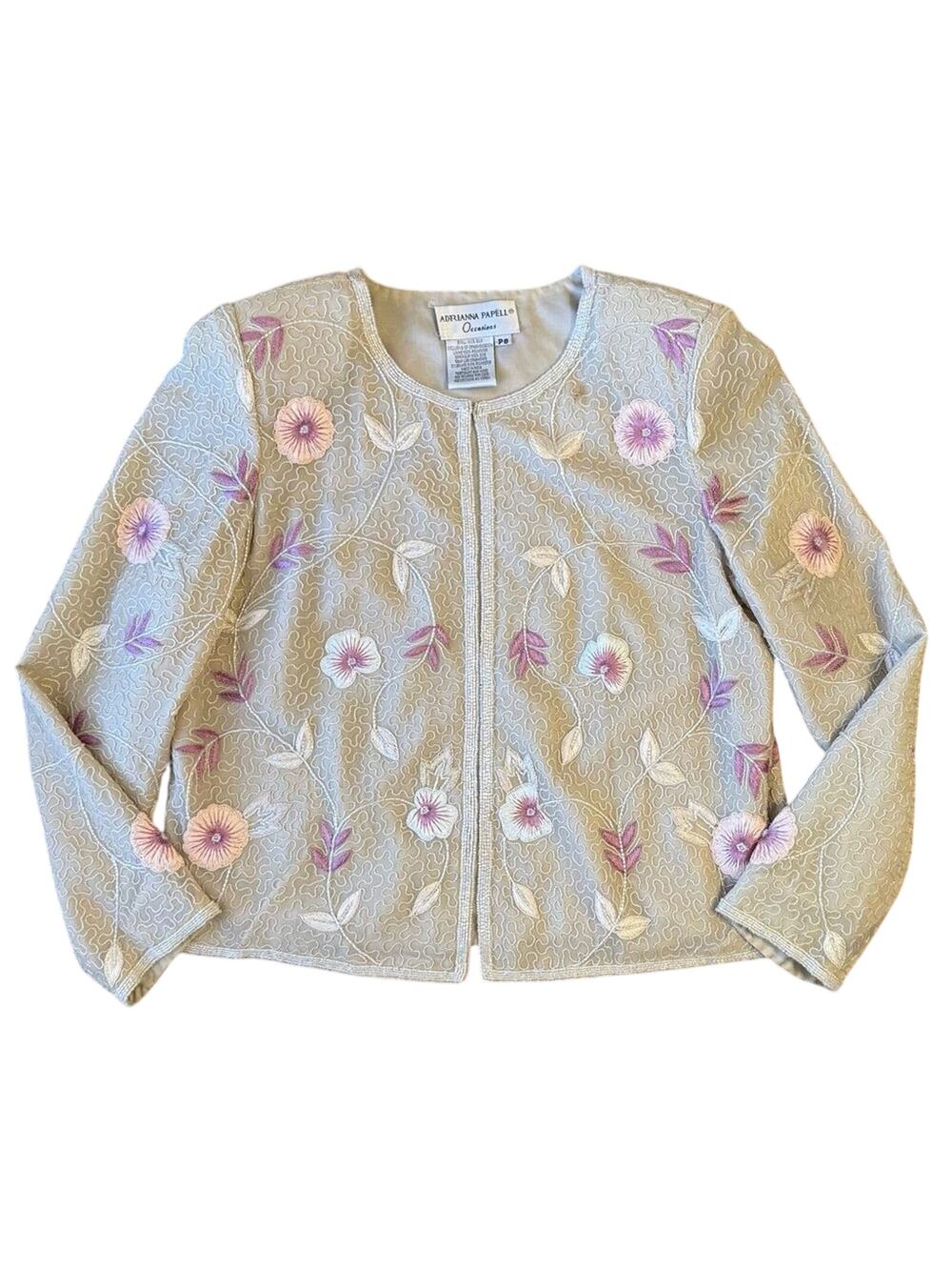 VTG Adrianna Papell Occasion Blazer Fully Beaded Floral Silk 80s Beige Petite 8P